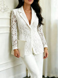 2026 New Women's White Hollow-Out Floral Lace Blazer with Lapel, Long Sleeves, Single-Breasted, Slim Fit, Elegant Outerwear for Workplace and Weddings, Suitable for Weddings, Workplace Occasions, Autumn and Spring