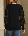 Women Round Neck Pleated Blouse Solid Color Mesh Patchwork Elegant Office Top