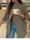 Vintage Stripe Plaid Blazer Women Stand Collar One Button Pocket Suit Jacket 2026 Spring Lady New Fashion Commute Street Outwear