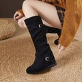 Women Round Toe Buckle Knee High Boots, Faux Suede Upper, Hidden Wedge Heel, Side Zipper Warm Fleece Lined Tall Boots For Daily