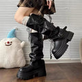 Y2K Women Slouch Knee High Boots Round Toe Faux Leather Multi Buckle Strap Thick Platform Sole Pull On Tall Boots