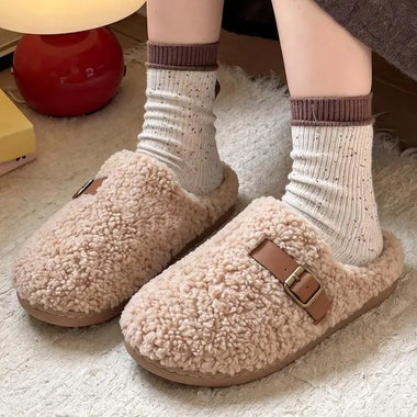 Retro Metal Buckle Women's Fuzzy Slippers Winter Warm Lambswool House Slippers Closed Toe Anti Slip Women Outdoor Cotton Slides