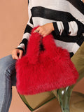 Women's Korean Style Fluffy Square Bag Cute Faux Fur Tote Bag Autumn Winter Underarm Shoulder Handbag Versatile Purse