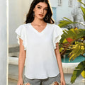 Women's V Neck Ruffle Sleeve Blouse Swiss Dot Loose Short Sleeve Summer Casual Tops