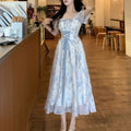Romantic Floral Long Dresses Spring Summer Square Neck Elegant Vintage Woman Dress Korean Fashion Sweet A-line Vestidos Mujer