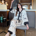 Women's 2 Piece Pajamas Set Floral Pijama Faux Silk Satin Pyjama Female Sleepwear Long Sleeve V-Neck Shirt Pants Suits Homewear