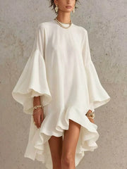 Elegant Solid Dress O Neck Loose Ruffled Asymmetrical Hem Flare Sleeve Dress Fashion Casual Summer Holiday Party Dresses