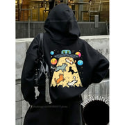 Women Casual Streetwear Hoodie Funny Cat Ufo Abduction Print Graphic Pullover Sweatshirt Autumn Winter Outfit Fall Clothes