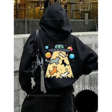 Women Casual Streetwear Hoodie Funny Cat Ufo Abduction Print Graphic Pullover Sweatshirt Autumn Winter Outfit Fall Clothes
