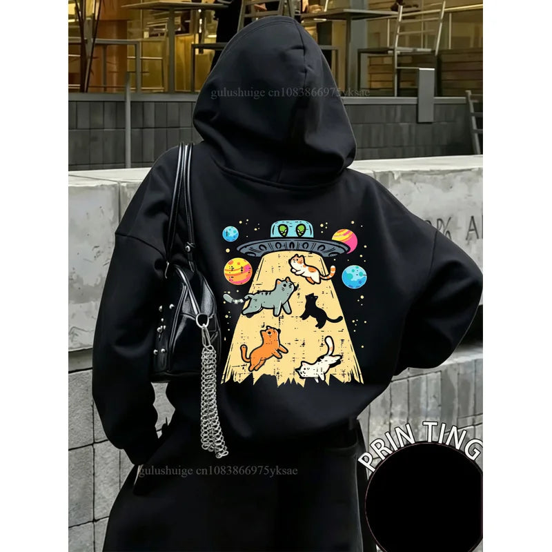 Women Casual Streetwear Hoodie Funny Cat Ufo Abduction Print Graphic Pullover Sweatshirt Autumn Winter Outfit Fall Clothes