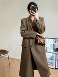 Chic Elegant Women Midi Blazers Spring Fall Long Sleeve Button Streetwear Jacket Solid Simple Office Lady British Style Outwear