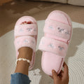 Pink Bowknot Embroidery Fluffy Fur Shoes Women Autumn Lightweight Indoor House Cotton Slippers Woman Flat Plush Floor Slippers