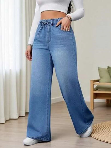 European American Trend Loose Casual High Waist Women Denim Jeans 2026 Autumn Elastic Waist Wide Leg Floor-Length Pants