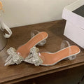 Liyke 2026 Spring Sexy Slingback Shoes Women Mules Sandals Fashion Crystal Diamond Bowknot Pointed Toe Transparent Heels Pumps
