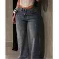 Plus Size Elegant Diamond Embellished Straight Leg Stretch Denim Jeans Versatile Minimalist Fashion for Women New 2026