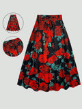 Vintage Rose Floral Print Swing Midi Skirt Women High Waist A Line Flared Skirt With Tie Belt Party Long Skirt