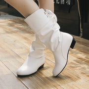 Women's Boots Low Heels Mid-calf Boots Plus Size Pu Leather Winter Boots Outdoor Chunky Women Shoes Designer Back Lace Up Boot