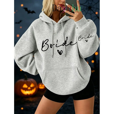 Oversized Streetwear Pullover Hoodie Halloween Bride Text Print Autumn Winter Lounge Wear