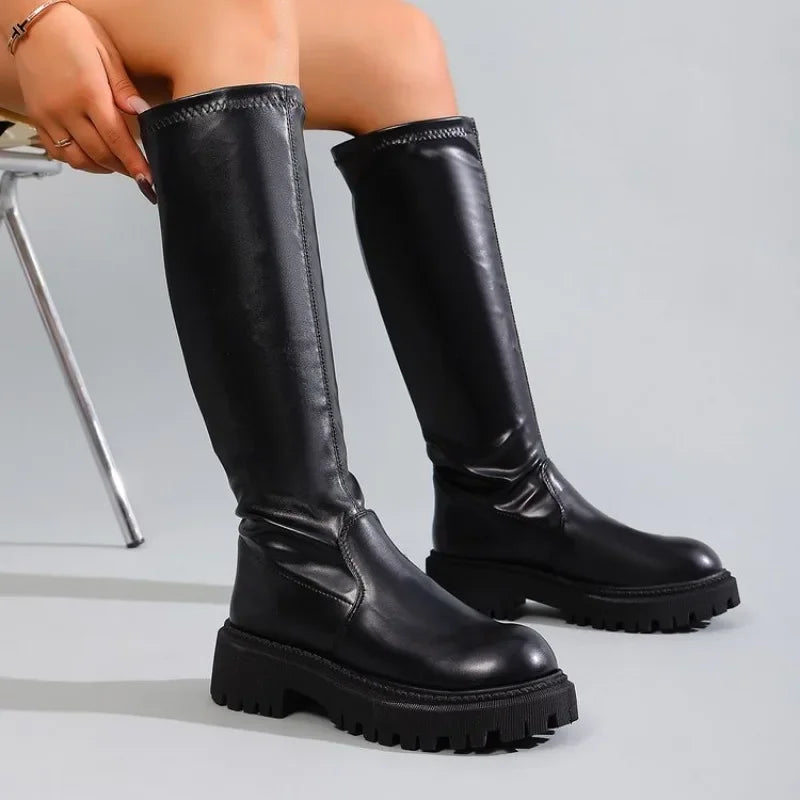 Fashion Boots for Women 2026 Winter Round Toe Black Thick Heels Sexy Knee High Boots Woman Plus Size 43 Punk Long Boots