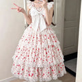 Pastoral apple floral Lolita JSK sleeveless big bow multi-layer lace long princess dress  maxi dresses for women