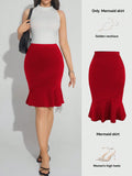 Women`s High Waist Dress Red Bodycon Midi Skirt Elegant Daily Wear Spring-Autumn Slim Fit Ruffle Flare Hem Mermaid Pencil Skirts