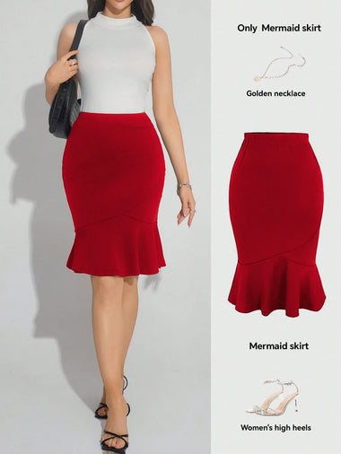 Women`s High Waist Dress Red Bodycon Midi Skirt Elegant Daily Wear Spring-Autumn Slim Fit Ruffle Flare Hem Mermaid Pencil Skirts