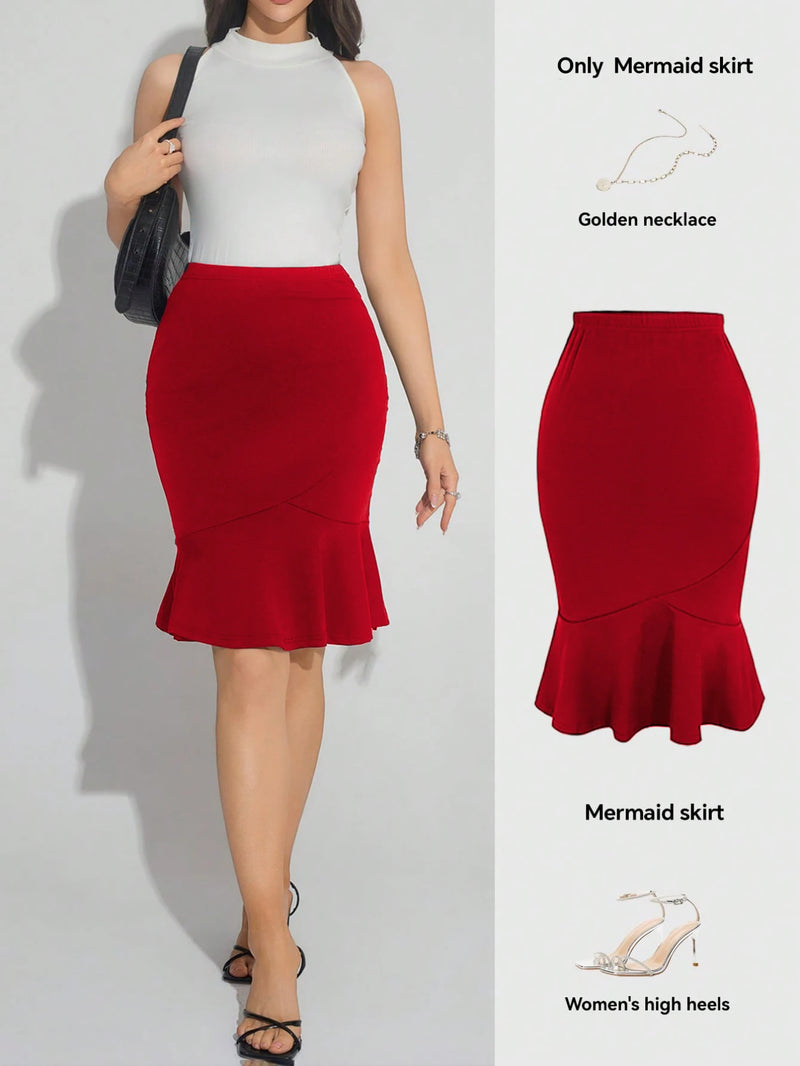 Women`s High Waist Dress Red Bodycon Midi Skirt Elegant Daily Wear Spring-Autumn Slim Fit Ruffle Flare Hem Mermaid Pencil Skirts