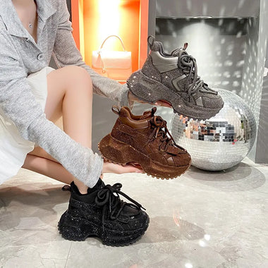 Luxury Rhinestone Casual Women's Chunky Sneakers Comfort Soft Soled Loafers 2026 Fashion Solid Splicing Women Shoes Кеды Женские