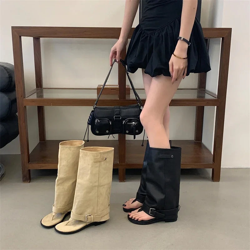 Women's Thong Toe Knee High Fold Over Cuff Buckle Strap Flat Heel Boots Y2K Streetwear Casual Daily Party Footwear Drop Shipping