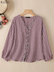 2025 ZANZEA Women Autumn Plaid Cheeked Blouse Casual V Neck Long Sleeve Tops Stylish Ruffled Work Shirt Buttons Blusas Oversize