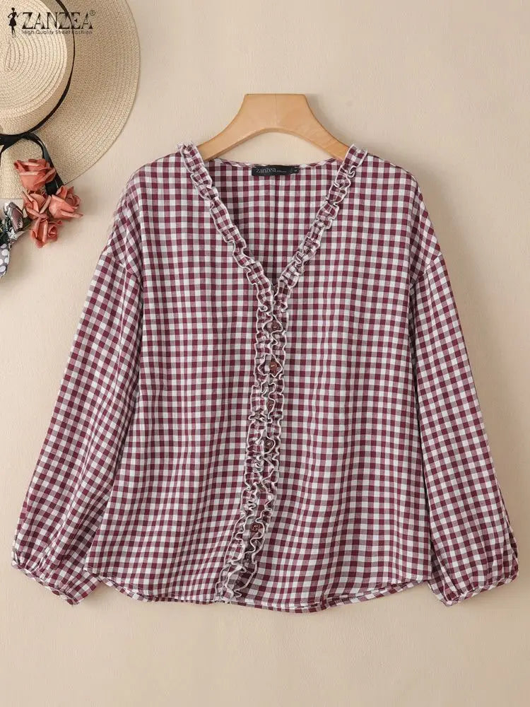 2025 ZANZEA Women Autumn Plaid Cheeked Blouse Casual V Neck Long Sleeve Tops Stylish Ruffled Work Shirt Buttons Blusas Oversize