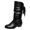 Women's Boots Low Heels Mid-calf Boots Plus Size Pu Leather Winter Boots Outdoor Chunky Women Shoes Designer Back Lace Up Boot