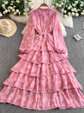 French Resort Style Heavy Work Embroidered Lace Crew Neck Dress Women Autumn Waist Slim Elegant Tiered Cake Maxi Dress