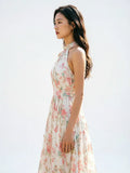 Elegant Floral Print Halter Neck Sleeveless Flowy Chiffon A-Line Long Dress For Women