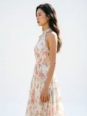 Elegant Floral Print Halter Neck Sleeveless Flowy Chiffon A-Line Long Dress For Women