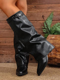 Winter Women's Fashion Folding Knee-high Boots Solid Color Non-slip Thick-soled Wide-leg PU Leather Fashion Boots Botas Mujer