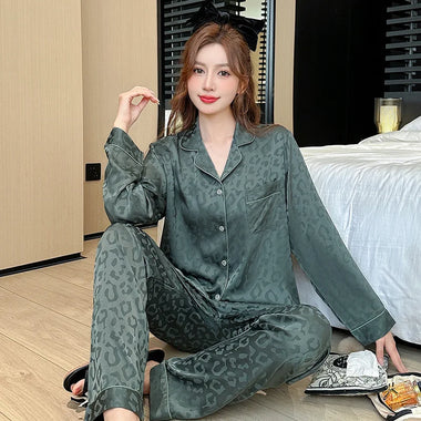 3XL Plus Size Leopard Pattern Spring New Ice Silk Pajamas Women Long Sleeved Pants Set Can Be Worn Outerwear Sleepwear