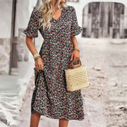 plus Size Floral Print V-Neck Ruffled Short Sleeve Dress Elegant Comfortable Skirt for Vacation Wear