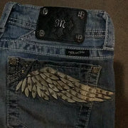 Gothic Womens Jeans Y2K Clothes Fashion Wings Rhinestone Sparkle Washed Blue Baggy Jeans Fashionable Mid Rise Slim Trousers