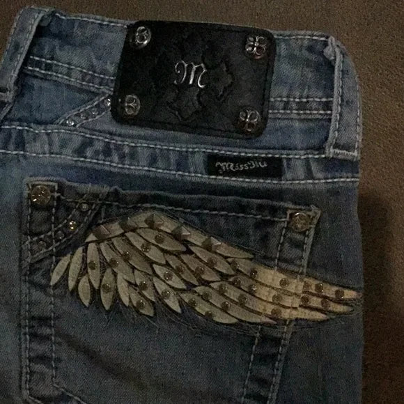 Gothic Womens Jeans Y2K Clothes Fashion Wings Rhinestone Sparkle Washed Blue Baggy Jeans Fashionable Mid Rise Slim Trousers