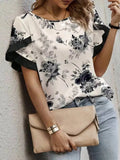 Women Round Neck Ruffle Sleeve Floral Print Chiffon Loose Top Boho Blouse Spring Vacay Beach Lightweight Breathable Top
