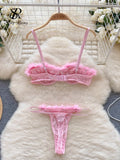 SINGREINY 2024 Sensual Mesh Lace Lingerie Three Pieces Sets Women Floral Strap Mini Bra+Thongs Hollow Out Sexy Underwear Suits