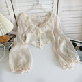 Elegant Mesh Ruffled Lace Chiffon Tops Patchwork Lace Chiffon Blouse V Neck Blusas Lace-up Shirts Spring Summer