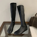 Aneikeh 2027 Fashion Women Black Stretch Sock Boots Round Toe Flat Sole Knee High Pull On Slim Fit Autumn Winter Footwear