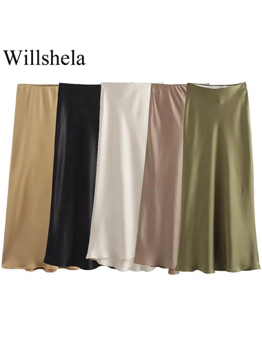 Willshela 2024 Black Satin Skirt Woman High Waist Elegant Long Skirts For Women Fashion Summer Midi Skirt Office Women's Skirts