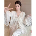26 Spring Summer Fairy Pajamas Ice Silk Thin Long-sleeve Pants Women Girl 2piece Set With Ties Nightgown Sleepwear Homewear