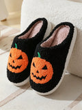 Autumn Winter Halloween Pumpkin Embroidery Fluffy Plush Slippers Warm Non Slip Unisex Closed Toe Indoor Bedroom Shoes