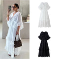Casual Cascading Ruffle Women Dress Chic Patchwork Lace Up Half Flare Sleeve O-neck Female Dresses 2025 Summer Beach Lady Robe