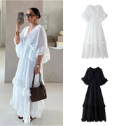 Casual Cascading Ruffle Women Dress Chic Patchwork Lace Up Half Flare Sleeve O-neck Female Dresses 2025 Summer Beach Lady Robe