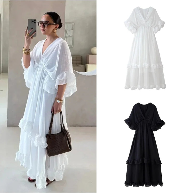 Casual Cascading Ruffle Women Dress Chic Patchwork Lace Up Half Flare Sleeve O-neck Female Dresses 2025 Summer Beach Lady Robe